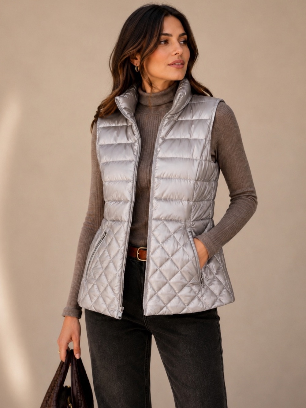 Talbots Down Filled Double Zipper Silver Vest  Medium